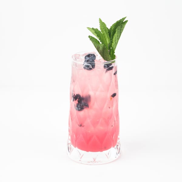 Pink cocktail with blueberries, ice, and mint garnish in a textured glass.