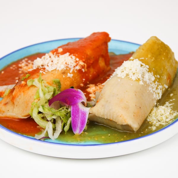 Two tamales on a blue plate, one with red sauce and the other with green sauce, garnished with cheese and lettuce.